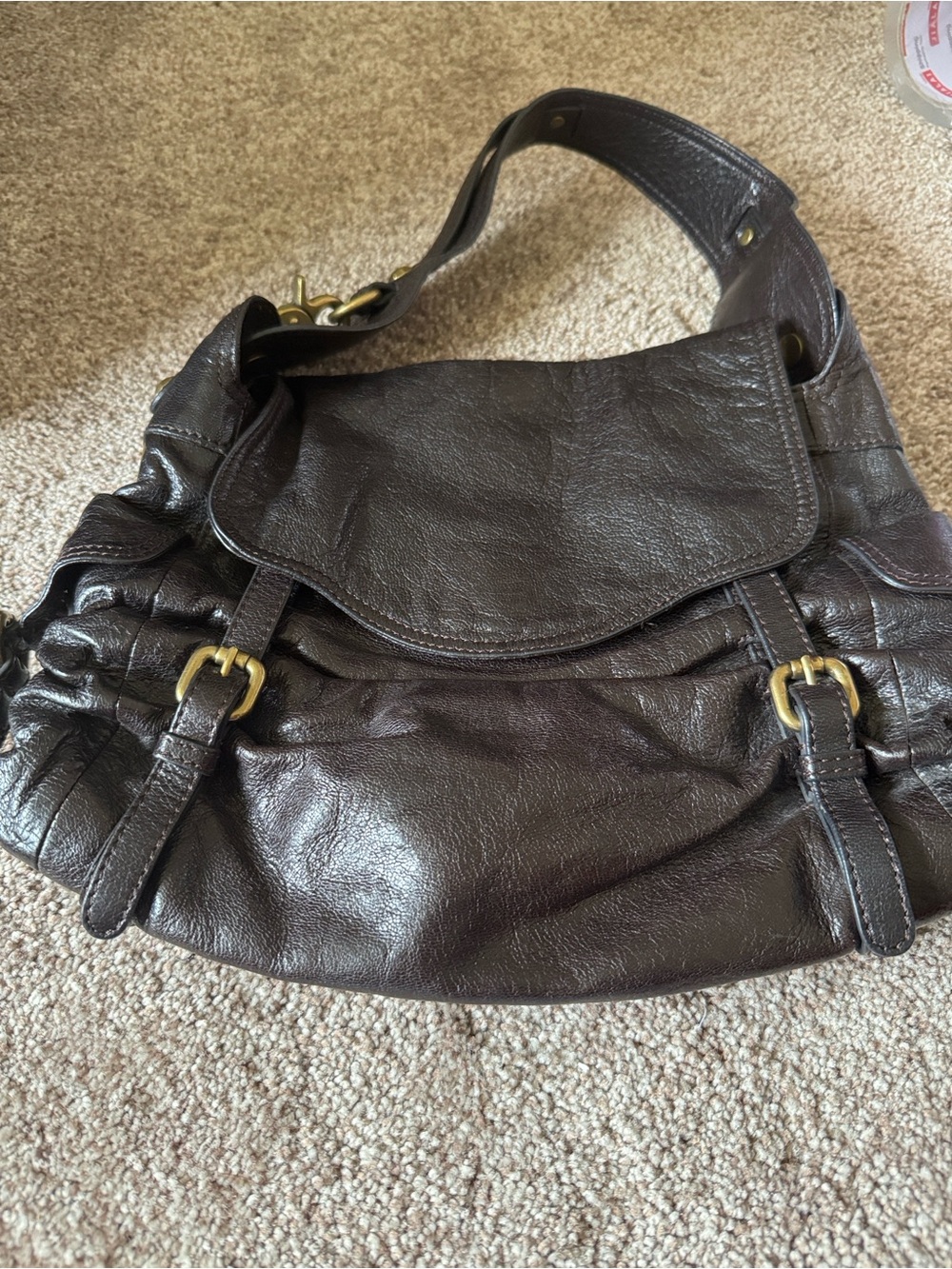 Kooba Dark Brown Leather Shoulder Bag with Buckle Accents
